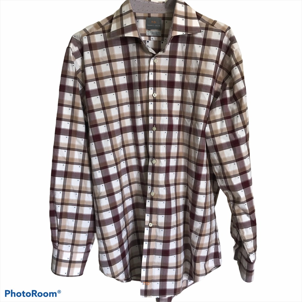 Thomas Dean Shirt XL Brown Plaid Pima Cotton Excellent Long Sleeve Button Down